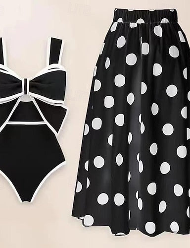 One Piece Swimsuit Monokini Skirt Tummy Control High Waist Slim Backless Vacation Beach Wear Polka Dot V Neck Sleeveless Bathing Suits