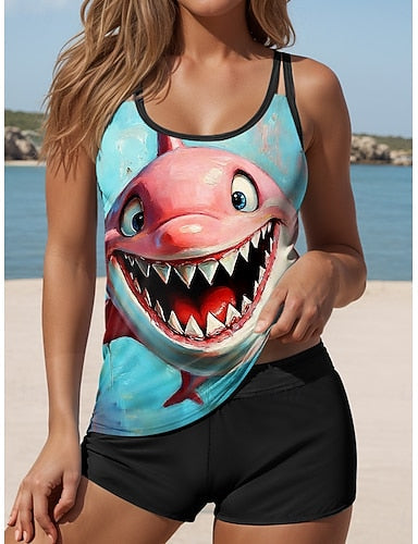 Swimwear Tankini 2 Piece High Waist Swimsuit Backless Vacation Beach Wear Graphic Animal U Neck Sleeveless Bathing Suits
