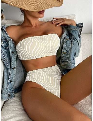 Swimwear Bikini 2 Piece Briefs Swimsuit Slim Backless Vacation Beach Wear Stripe Strapless Sleeveless Bathing Suits