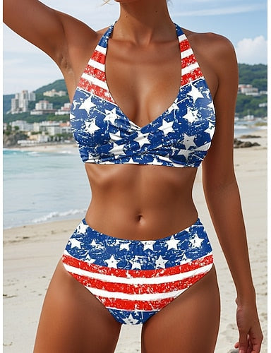 Independence Day Patriotic Swimwear Bikini 2 Piece Cheeky Swimsuit Backless Vacation Beach Wear Graphic Flag Halter Neck Sleeveless Bathing Suits