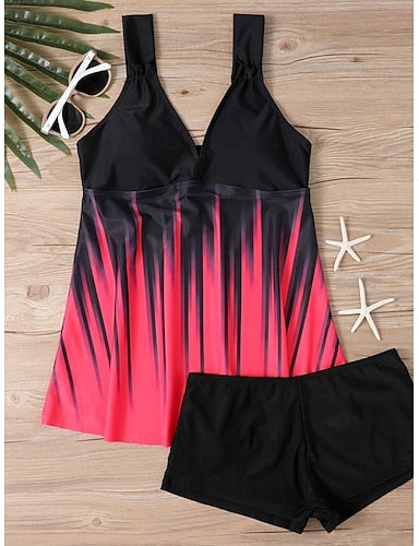 Tankini 2 Piece Swimsuit Boy Leg Tummy Control High Waist Slim Backless Vacation Beach Wear Ombre V Neck Sleeveless Bathing Suits
