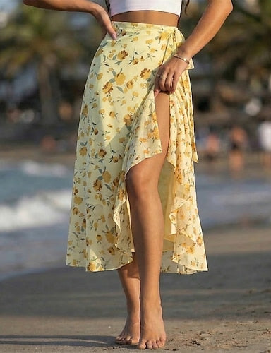 Vacation Skirt Midi Mid Waist Skirts Graphic Ruffle Inelastic Beach Blue Black and White Light Yellow Wine Summer Chiffon