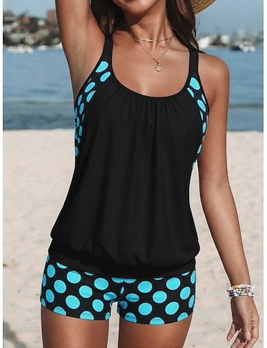 Tankini 2 Piece Swimsuit High Waist Active Vacation Polka Dot Scoop Neck Sleeveless Bathing Suits