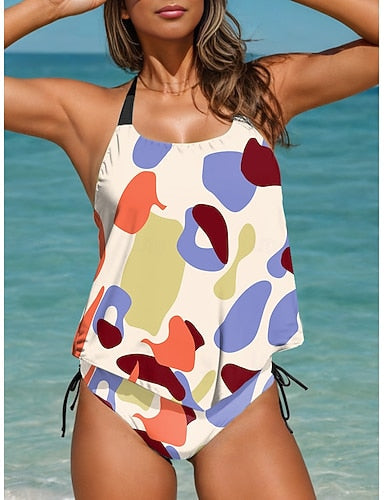 Tankini 2 Piece Swimsuit Cheeky Backless Vacation Beach Wear Color Block U Neck Sleeveless Bathing Suits