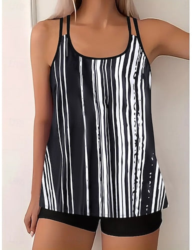 Tankini 2 Piece Swimsuit Boy Leg Tummy Control High Waist Slim Backless Vacation Beach Wear Geometric Striped Halter Neck Sleeveless Bathing Suits