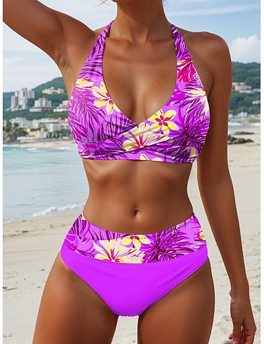 Swimwear Bikini Cheeky Swimsuit Vacation Graphic V Neck Sleeveless Bathing Suits
