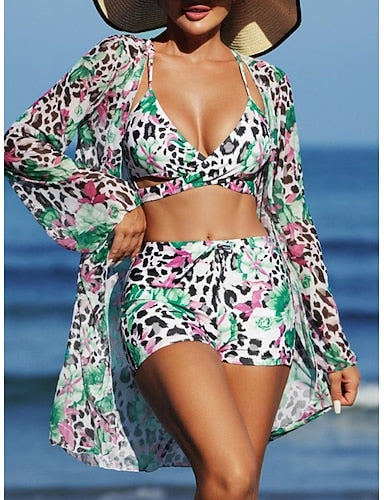 Bikini 3 Piece Swimsuit Shorts Slim Backless Vacation Beach Wear V Neck Sleeveless Bathing Suits