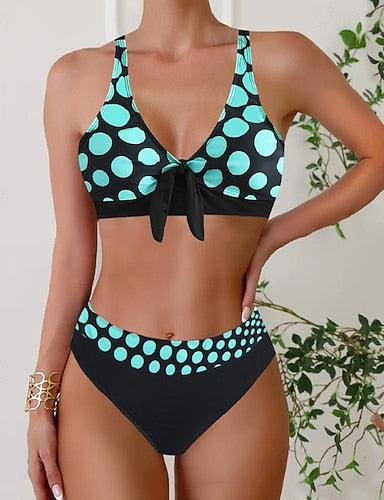 Swimwear 2 Piece Cheeky Swimsuit Backless Vacation Beach Wear Polka Dot V Neck Sleeveless Bathing Suits