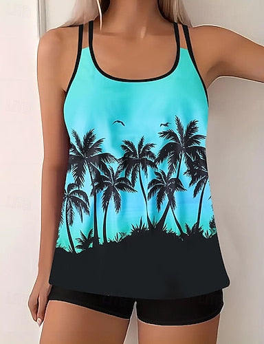 Swimwear 2 Piece Shorts Swimsuit Backless Vacation Beach Wear Graphic Round Neck Sleeveless Bathing Suits