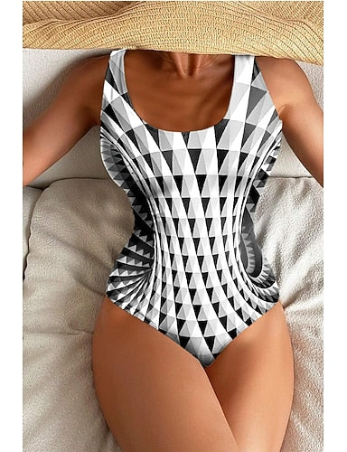 One Piece Swimsuit Slimming Monokini Backless Tummy Control High Waist Slim Vacation Beach Wear Geometric U Neck Sleeveless Bathing Suits