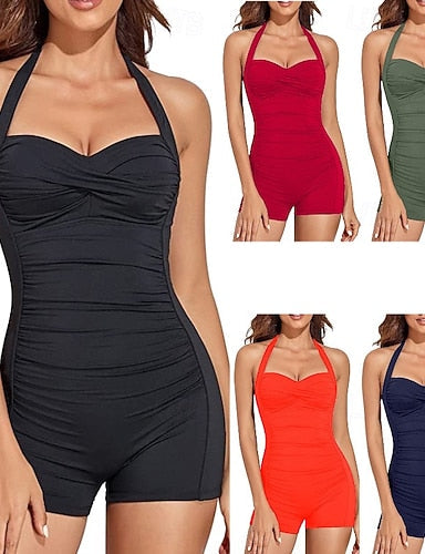 Bathing Suit Ruched One Pieces Swimsuits Colored Halter Elastic Sleeveless Swimwear Surfing Beach Vacation Summer