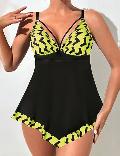 Swimwear 2 Piece Cheeky Swimsuit Backless Vacation Beach Wear Graphic V Neck Sleeveless Bathing Suits