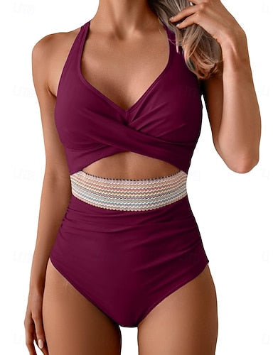 One Piece Swimsuit Cutout Monokini High Waist Tummy Control High Waist Slim Backless Vacation Beach Wear Color Halter Neck Sleeveless Bathing Suits