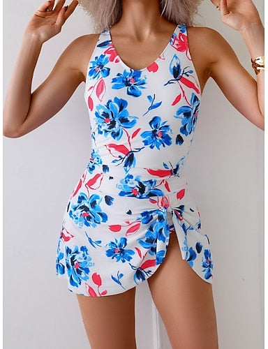 Swimwear One Piece Monokini Swim Dress Burkini Swimsuit Tummy Control High Waist Slim Backless Vacation Beach Wear Graphic V Neck Sleeveless Bathing Suits