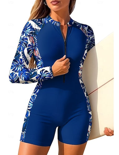 Standard Rash Guard One Piece Surfing Suit Bathing Suit Tropical Color-blocking Zip Up With Built in Bra Removable Pad Uv Sun Protection Upf50+ Ultra Light (ul) Long Sleeve Swimwear