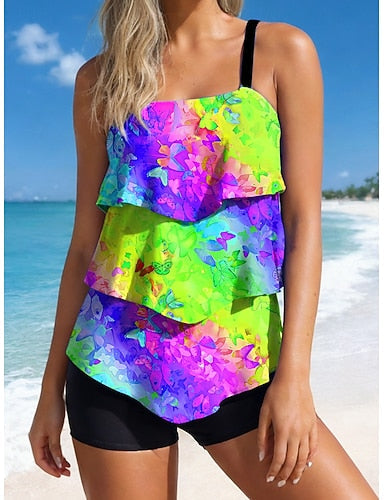 Tankini 2 Piece Swimsuit High Waist Ruffle Layered Backless Vacation Beach Wear Ombre Graphic U Neck Sleeveless Bathing Suits