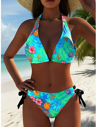 Bikini 2 Piece Swimsuit Palm Cheeky Slim Backless Vacation Beach Wear Graphic V Neck Sleeveless Bathing Suits