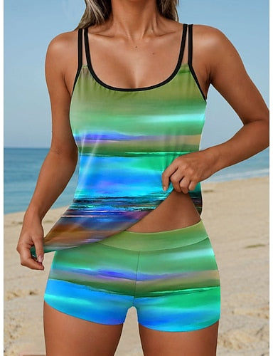 Tankini 2 Piece Swimsuit High Waist Backless Vacation Beach Wear Ombre Graphic U Neck Sleeveless Bathing Suits