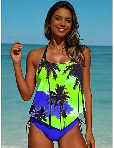 Swimwear Tankini 2 Piece Briefs Swimsuit Backless Vacation Beach Wear Ombre Graphic Halter Neck Sleeveless Bathing Suits