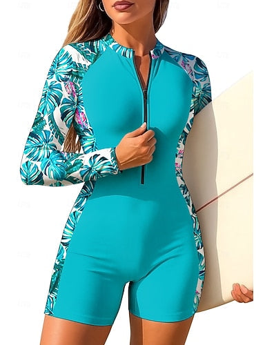 Standard Rash Guard One Piece Surfing Suit Bathing Suit Tropical Color-blocking Zip Up With Built in Bra Removable Pad Uv Sun Protection Upf50+ Ultra Light (ul) Long Sleeve Swimwear
