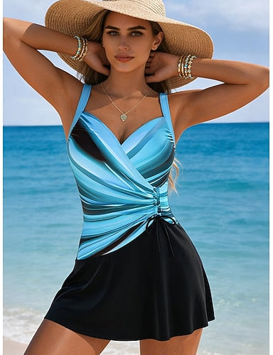 Swimwear Swimdresses High Cut Swimsuit Ruched Vacation Ombre Graphic V Neck Sleeveless Bathing Suits