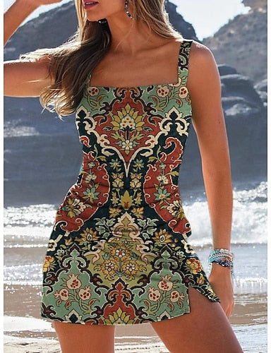 Swimwear One Piece Skirt Swimsuit Vacation Graphic Geometric Sleeveless Bathing Suits