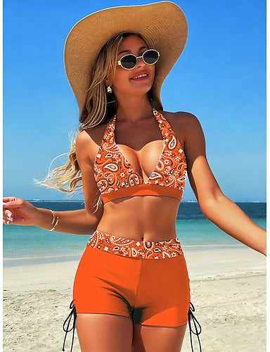 Bikini 2 Piece Swimsuit High Waist Backless Vacation Beach Wear Graphic Paisley V Neck Sleeveless Bathing Suits