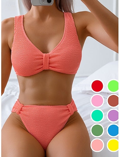 Bikini 2 Piece Swimsuit Ruched Underwire Cheeky Slim Backless Vacation Beach Wear Color V Neck Sleeveless Bathing Suits