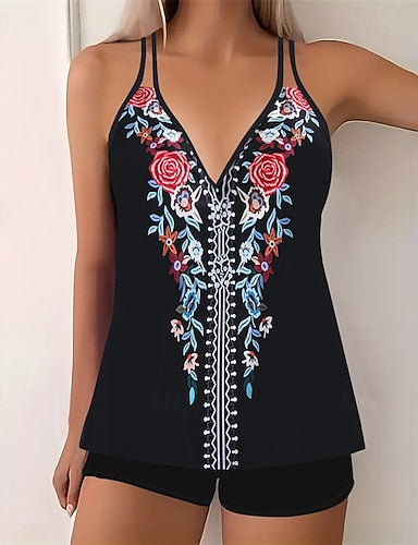 Tankini Two Piece Swimsuit V Neck Swimwear Swimwear Black Purple Breathable Quick Dry Lightweight Sleeveless - Swimming Surfing Beach Summer Spring
