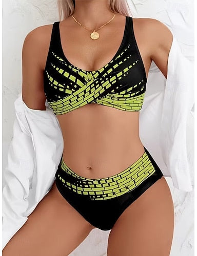 Bikini 2 Piece Swimsuit High Waist Stylish Graphic Striped V Neck Sleeveless Bathing Suits