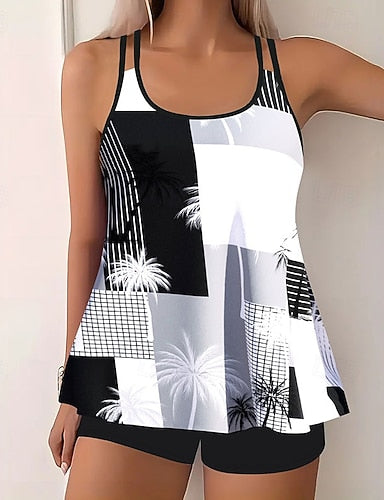 Swimwear 2 Piece Shorts Swimsuit Backless Vacation Beach Wear Graphic U Neck Sleeveless Bathing Suits