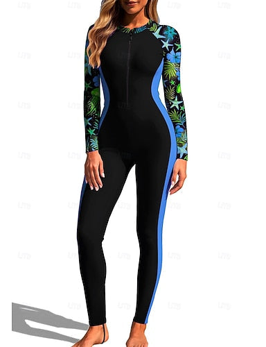 Rash Guard Full Body Rash Guard One Piece Surfing Suit Tropical Color-blocking Zip Up With Built in Bra Front Zip Uv Sun Protection Full Coverage Upf50+ Long Sleeve Full Body Swimwear