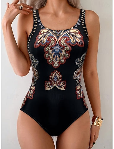 Swimwear One Piece Monokini Briefs Swimsuit Tummy Control High Waist Slim Backless Vacation Graphic U Neck Sleeveless Bathing Suits