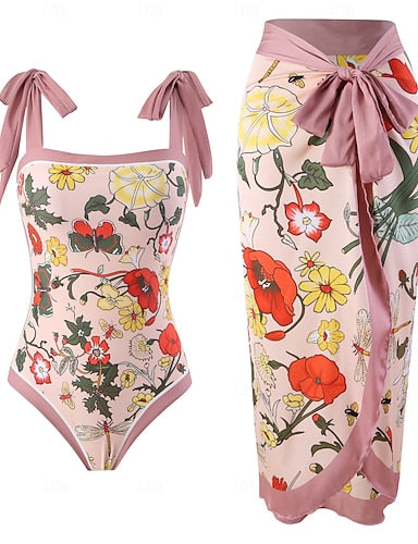 One Piece Swimsuit Monokini Skirt Tummy Control High Waist Slim Backless Vacation Beach Wear Graphic Halter Neck Sleeveless Bathing Suits