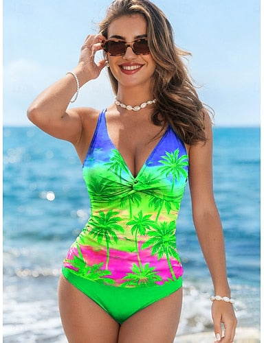 Swimwear Tankini 2 Piece Shorts Swimsuit Backless Vacation Tropical Graphic Tropical V Neck Sleeveless Bathing Suits