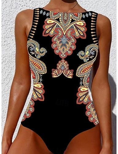 One Piece Swimsuit Slimming Monokini Backless Tummy Control High Waist Slim Vacation Beach Wear Geometric Round Neck Sleeveless Bathing Suits