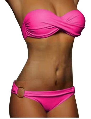 Swimwear Bikini 2 Piece Cheeky Swimsuit Ruched 2 Piece Open Back Beach Wear Plain Pure Color Strapless Sleeveless Bathing Suits