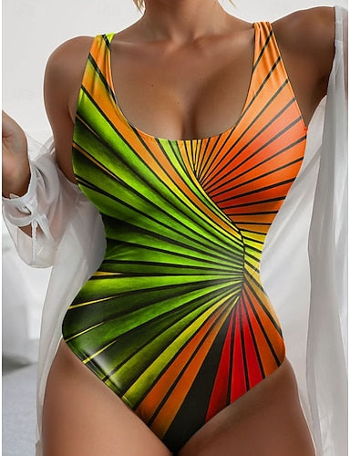 One Piece Swimsuit Slimming Colorblock Monokini High Cut Tummy Control High Waist Slim Backless Vacation Ombre Graphic Round Neck Sleeveless Bathing Suits