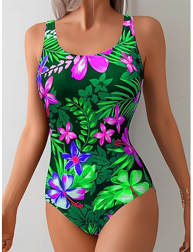 Swimwear One Piece High Cut Swimsuit Beach Wear Summer Graphic U Neck Sleeveless Bathing Suits