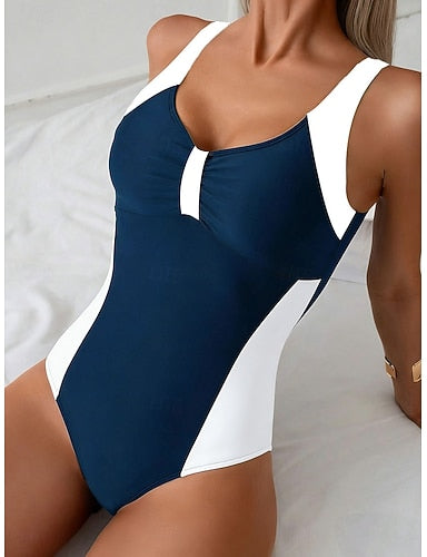Swimwear One Piece Monokini Briefs Swimsuit Tummy Control High Waist Slim Backless Vacation Color Graphic U Neck Sleeveless Bathing Suits