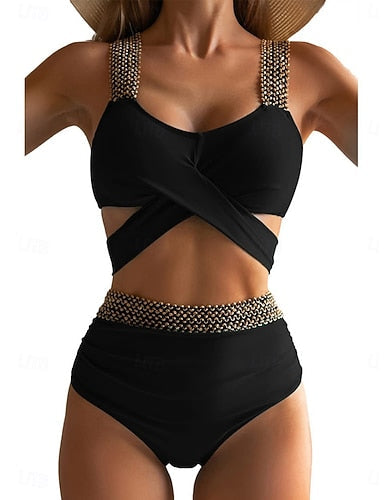 Bikini 2 Piece Swimsuit Cutout Briefs Slim Backless Vacation Beach Wear Color V Neck Sleeveless Bathing Suits