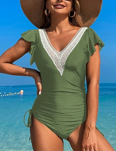 One Piece Swimsuit V Neck Swimwear Swimwear Black White Breathable Quick Dry Lightweight Sleeveless - Swimming Surfing Beach Summer Spring