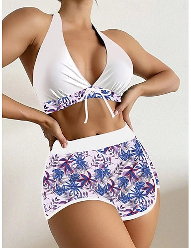 Bikini 2 Piece Swimsuit Palm Shorts Backless Slim Vacation Beach Wear Halter Neck Sleeveless Bathing Suits