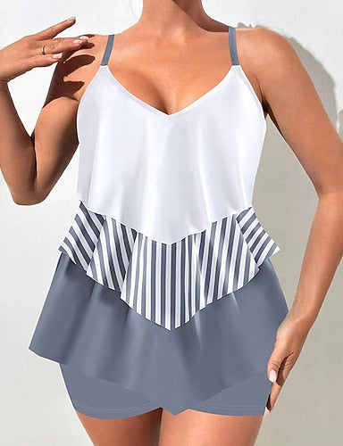 Swimwear 2 Piece Shorts Swimsuit Backless Vacation Beach Wear Graphic Color Block V Neck Sleeveless Bathing Suits