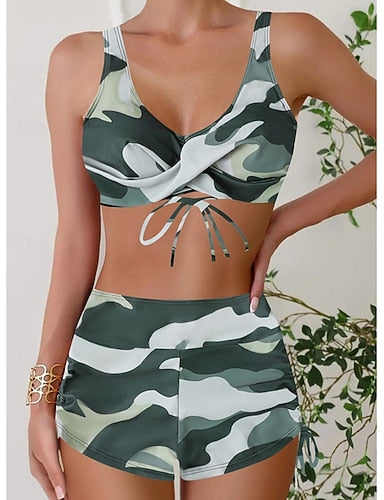 Bikini 2 Piece Swimsuit Leopard Shorts Slim Backless Vacation Beach Wear Camo V Neck Sleeveless Bathing Suits