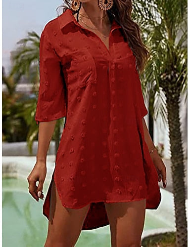 Swimwear Cover Up Swim Dress Dress Swimsuit Ruched Vacation Beach Wear Plain V Neck Sleeveless Bathing Suits