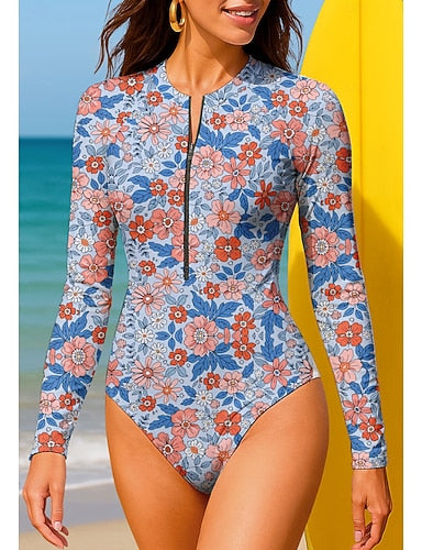 Standard Rash Guard Bathing Suit One Piece Swimsuit Tropical Color-blocking Zip Up With Built in Bra Upf50+ Uv Protection Stretchy Long Sleeve Swimwear Bodysuit Surfing Beach Water