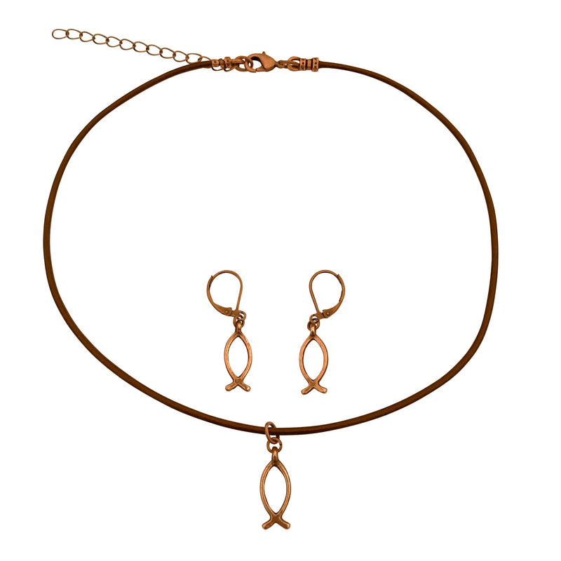 Christian Fish Symbol Charm Necklace & Earring Set, Antique Copper Brown Leather Adjustable