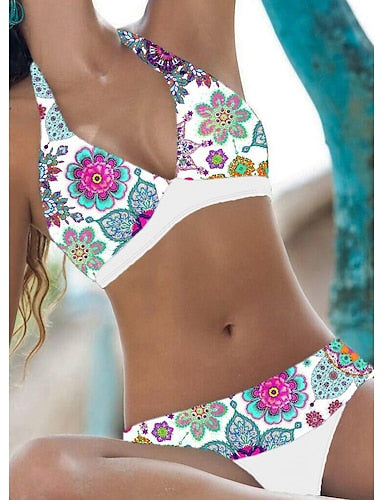 Bikini 2 Piece Swimsuit Cheeky Halter Open Back Tropical V Wire Sleeveless Bathing Suits