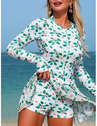 Swimwear Tankini 2 Piece Shorts Swimsuit Zip Up Tummy Control High Waist Slim Vacation Beach Wear Round Neck Sleeveless Long Sleeve Bathing Suits
